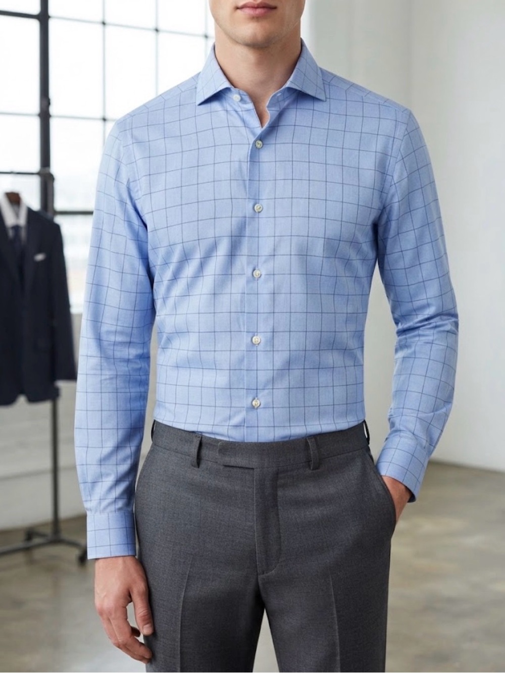 Classic Men's Blue Windowpane Dress Shirt